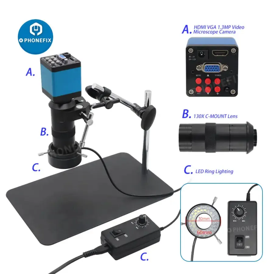 13MP Industrial Camera 130X Lens 40 LED Light Super Clamp Microscope Set
