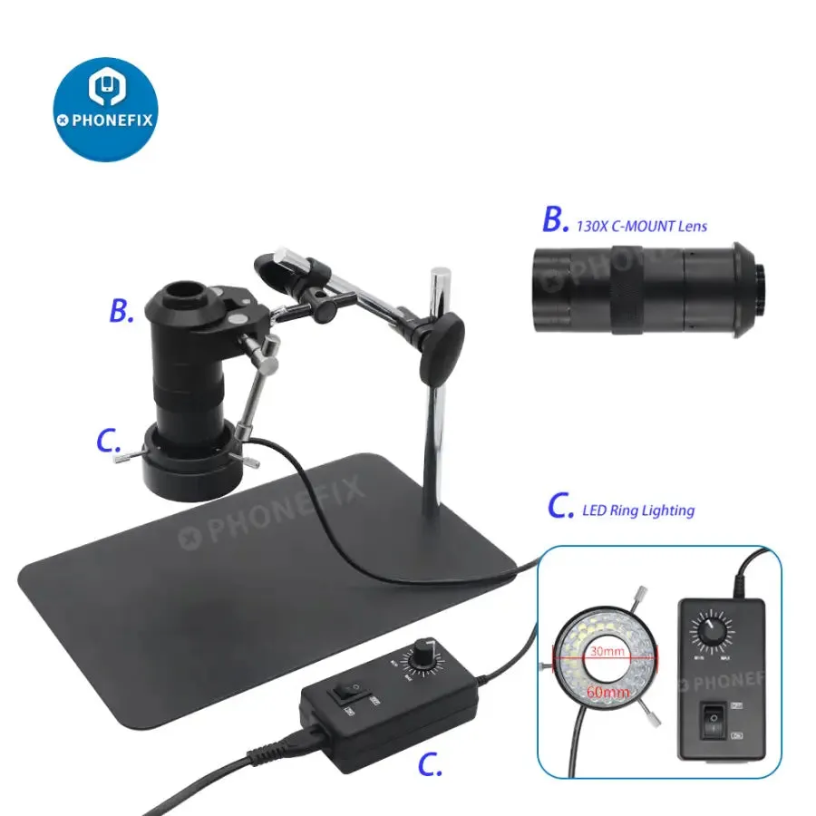 13MP Industrial Camera 130X Lens 40 LED Light Super Clamp Microscope Set