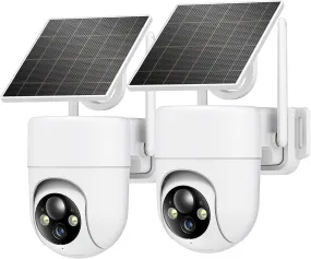 2K Solar Security Cameras Wireless Outdoor, 2PCS Outdoor Camera Wireless with 360° View, Cameras for Home Security with Color Night Vision/2-Way Audio, 2.4Ghz Wi-Fi Only