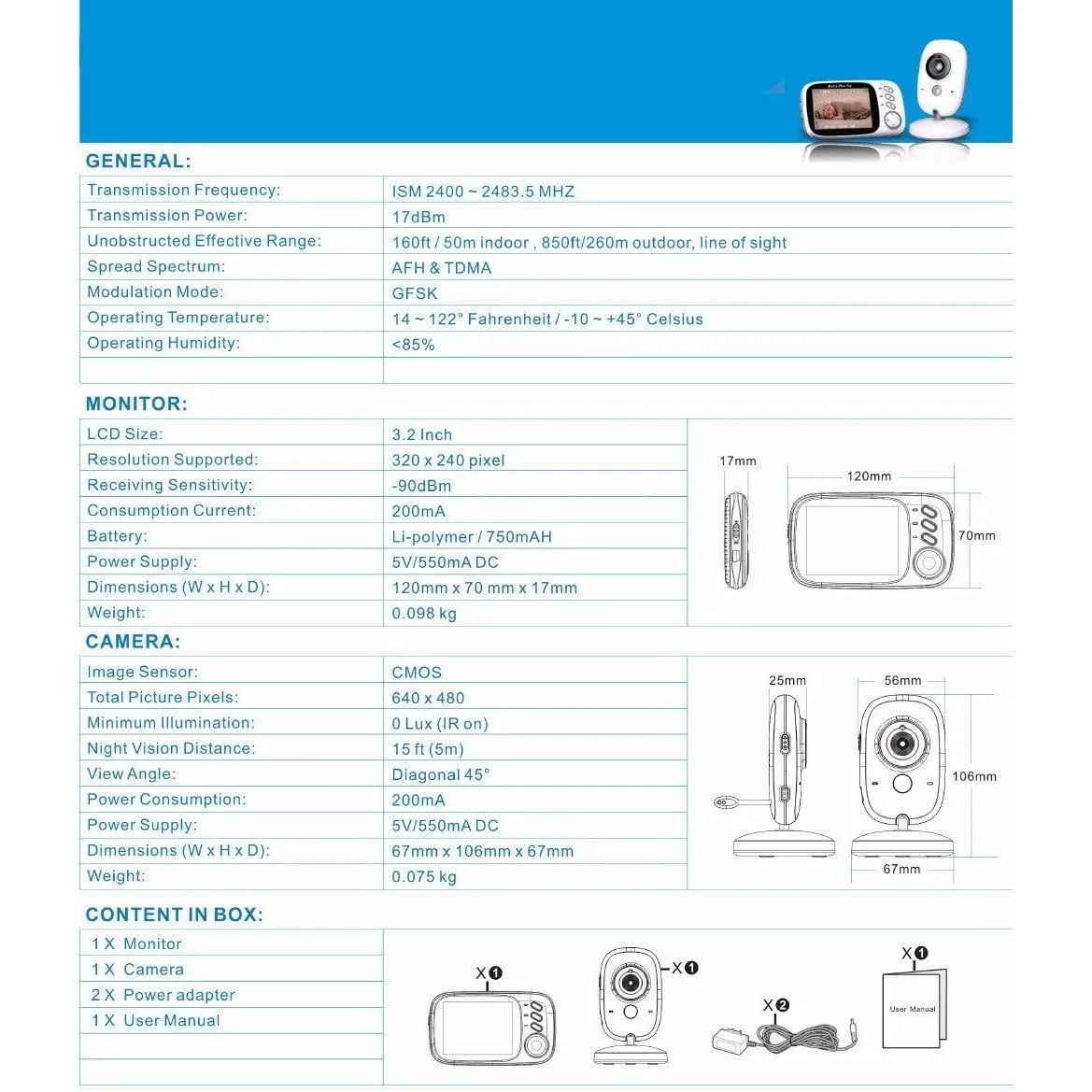 3.2" Wireless Video Baby Monitor Temperature Monitoring