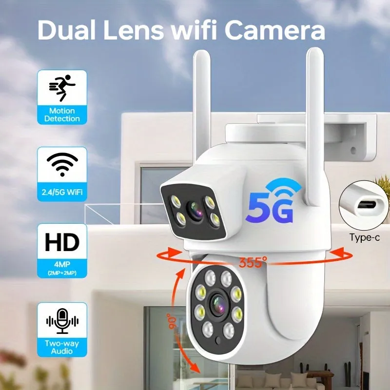 4MP Dual Lens Panoramic Security Camera - 360° View, WiFi 2.4G & 5G Connectivity, Auto Tracking, Custom Patrol Route, Area Alert, Two-Way Audio, Night Vision, Motion Detection
