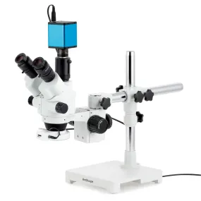 AmScope SM-3 Series Simul-Focal Lockable Zoom Trinocular Stereo Microscope with 64 LED Compact Ring Light and Auto Focus Camera on Single Arm Boom Stand