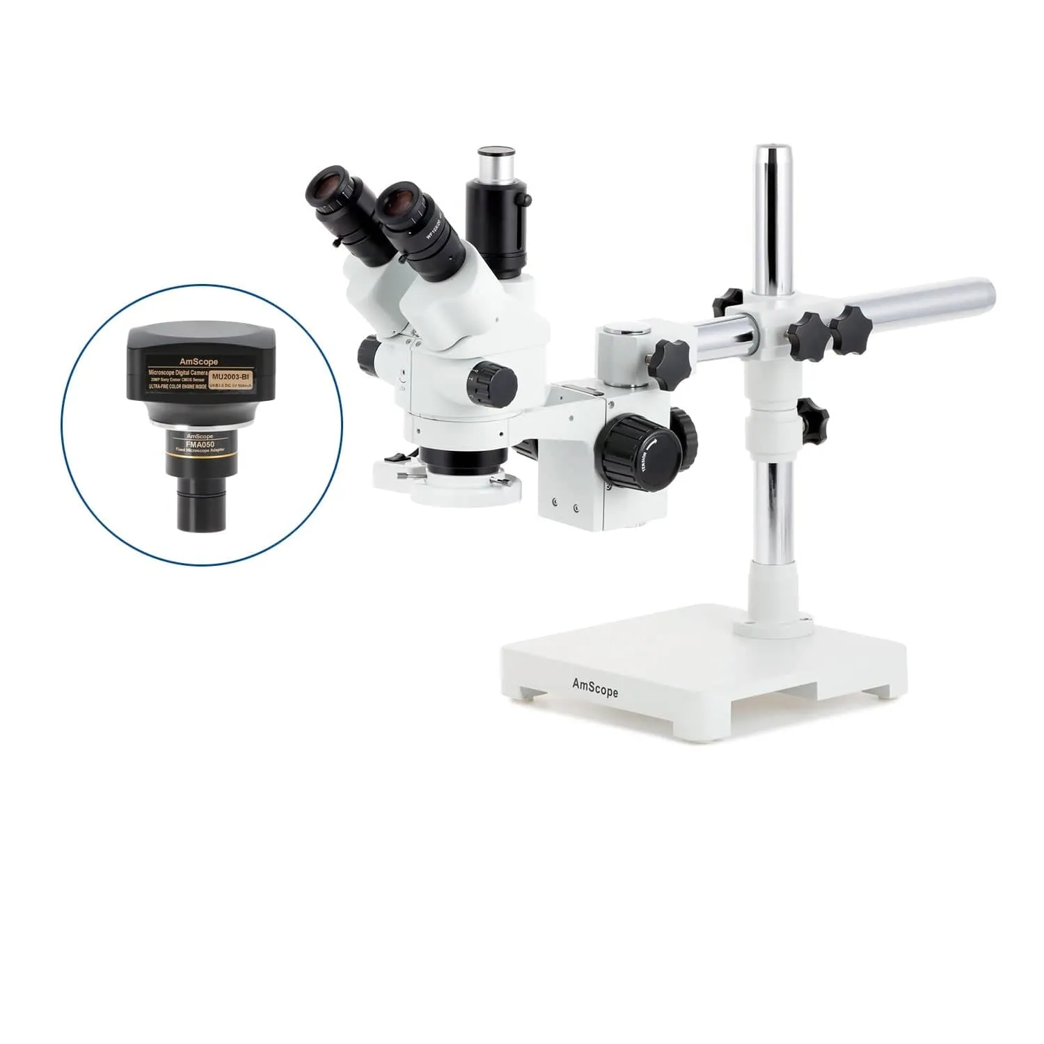 AmScope SM-3 Series Simul-Focal Lockable Zoom Trinocular Stereo Microscope with 8W Fluorescent Ring Light and Optional Digital Camera on Single Arm Boom Stand