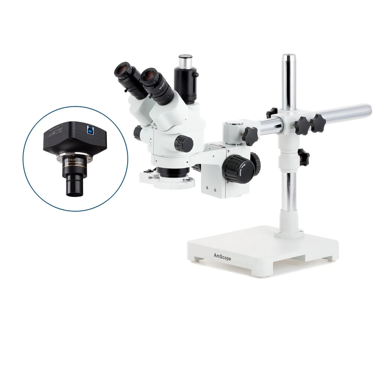 AmScope SM-3 Series Simul-Focal Lockable Zoom Trinocular Stereo Microscope with 8W Fluorescent Ring Light and Optional Digital Camera on Single Arm Boom Stand