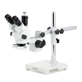 AmScope SM-3 Series Simul-Focal Lockable Zoom Trinocular Stereo Microscope with 8W Fluorescent Ring Light and Optional Digital Camera on Single Arm Boom Stand