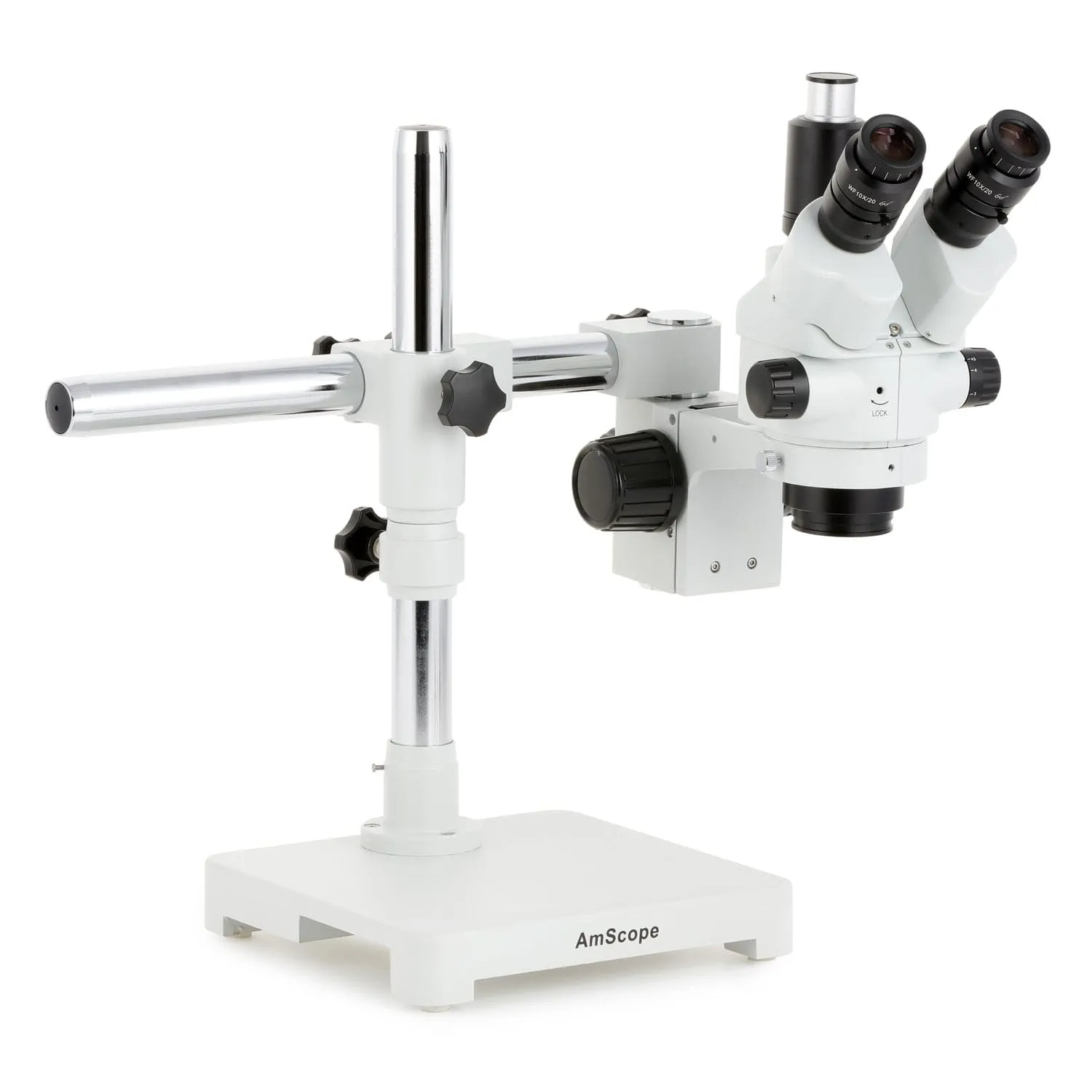 AmScope SM-3 Series Simul-Focal Lockable Zoom Trinocular Stereo Microscope with 8W Fluorescent Ring Light and Optional Digital Camera on Single Arm Boom Stand