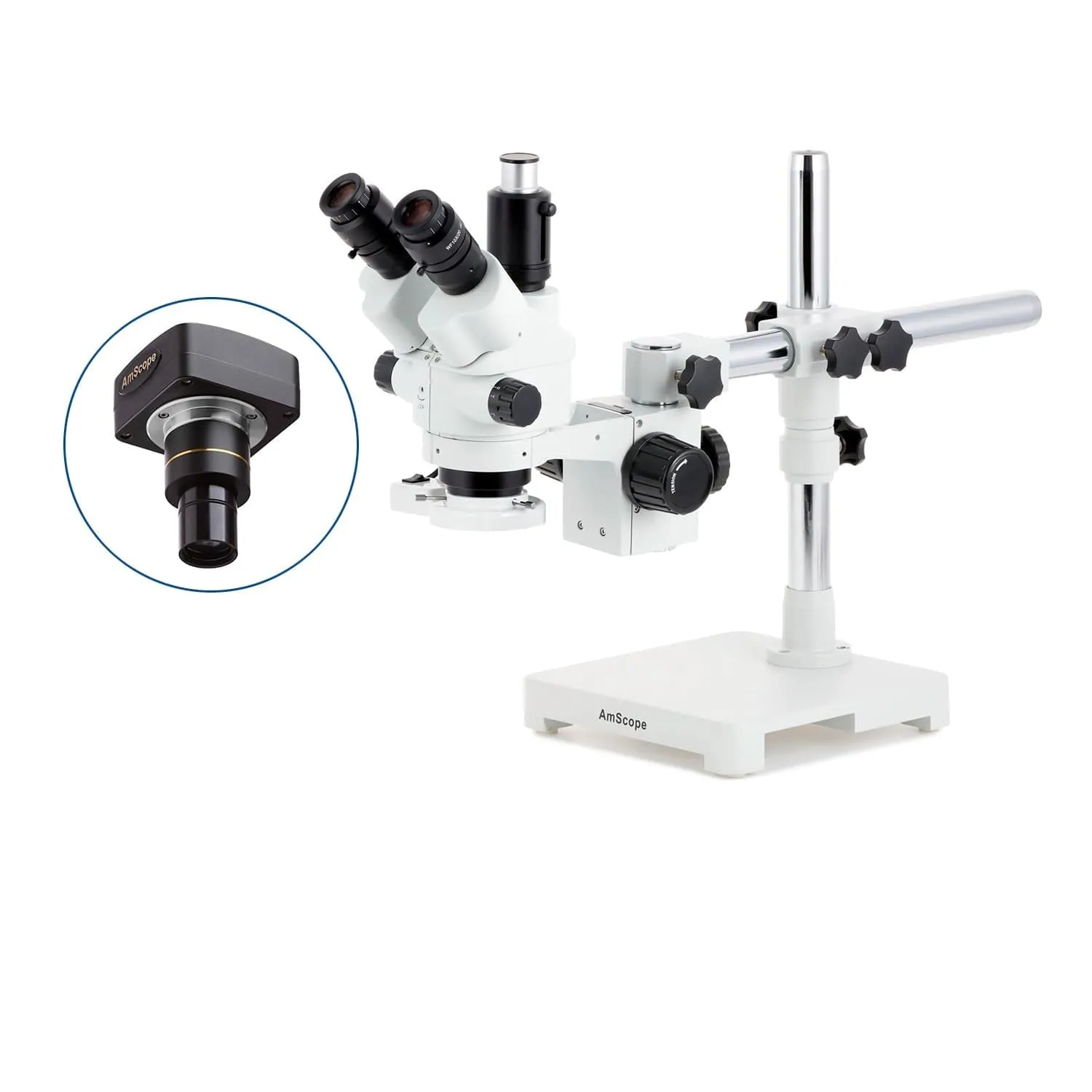 AmScope SM-3 Series Simul-Focal Lockable Zoom Trinocular Stereo Microscope with 8W Fluorescent Ring Light and Optional Digital Camera on Single Arm Boom Stand