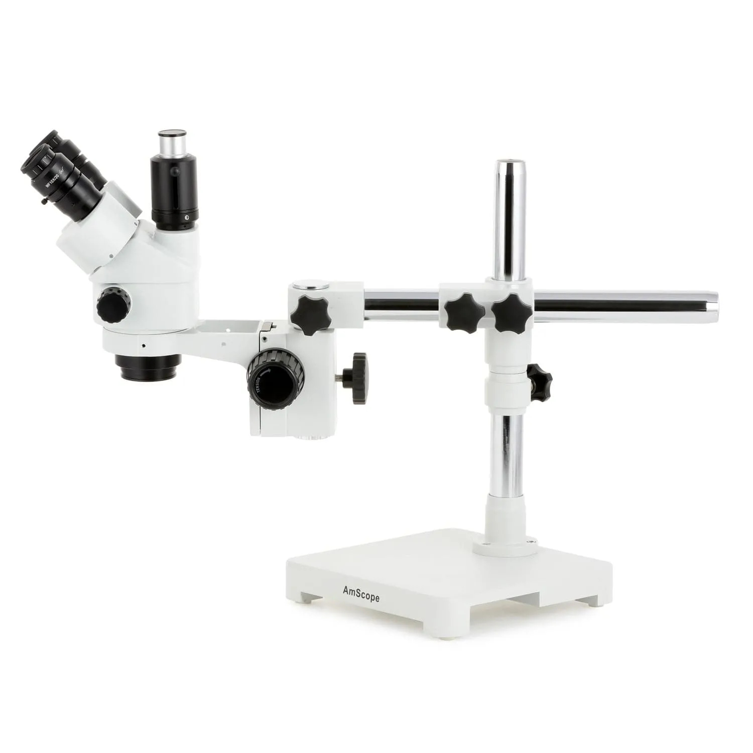 AmScope SM-3 Series Simul-Focal Lockable Zoom Trinocular Stereo Microscope with 8W Fluorescent Ring Light and Optional Digital Camera on Single Arm Boom Stand