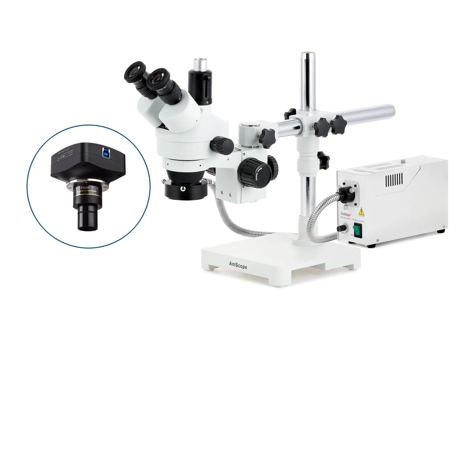 AmScope SM-3 Series Simul-Focal Zoom Trinocular Stereo Microscope with 150W Halogen Ring Light and Optional Digital Camera on Single Arm Boom Stand
