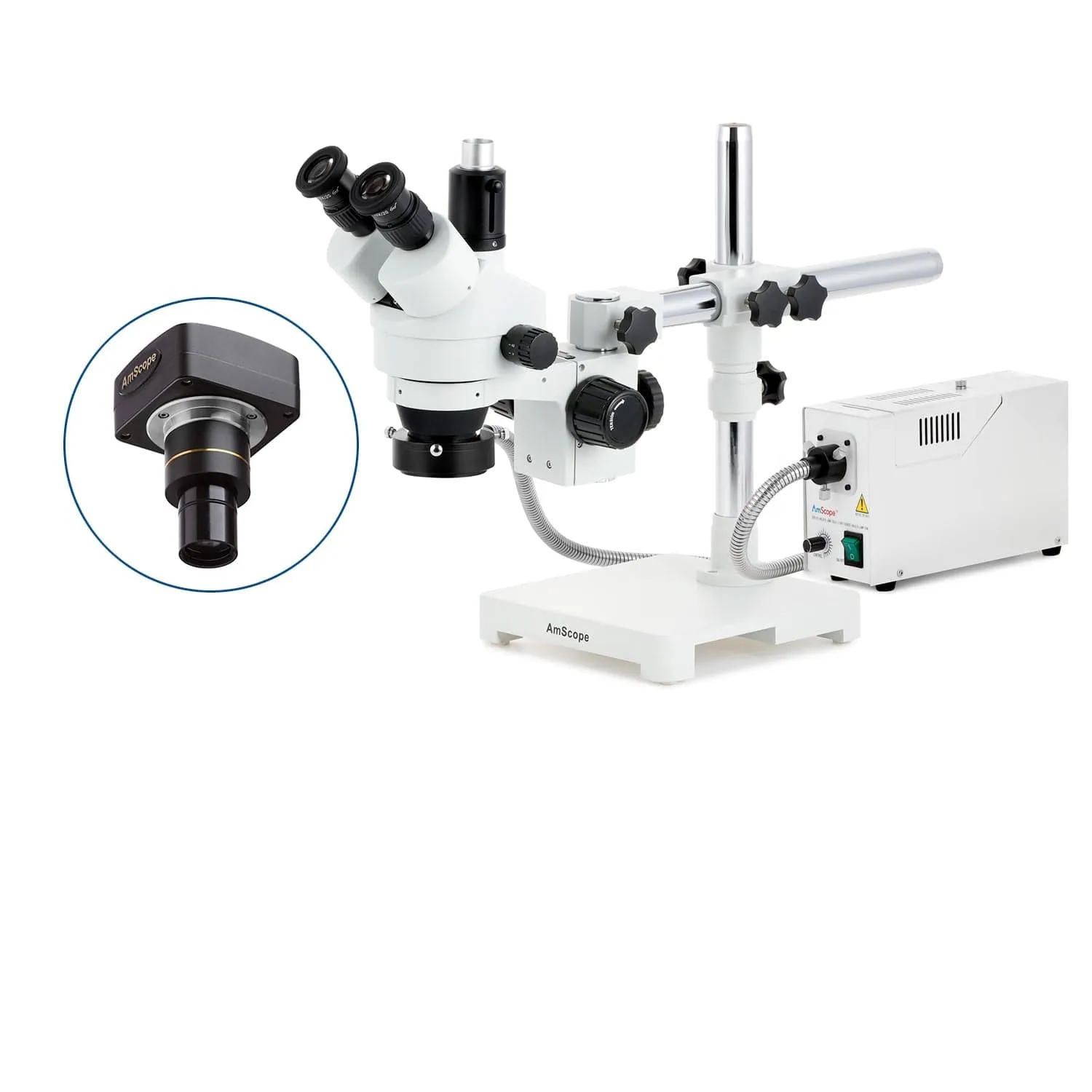 AmScope SM-3 Series Simul-Focal Zoom Trinocular Stereo Microscope with 150W Halogen Ring Light and Optional Digital Camera on Single Arm Boom Stand
