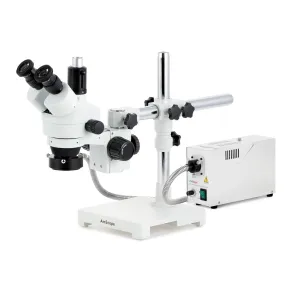 AmScope SM-3 Series Simul-Focal Zoom Trinocular Stereo Microscope with 150W Halogen Ring Light and Optional Digital Camera on Single Arm Boom Stand