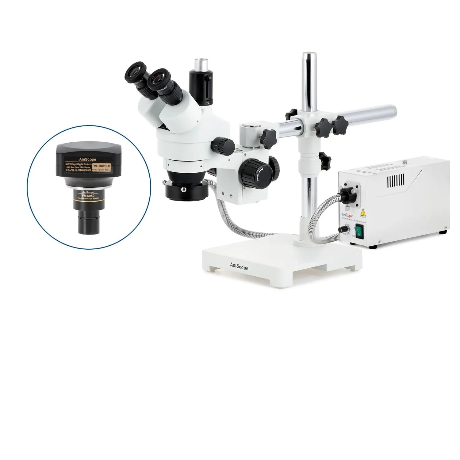 AmScope SM-3 Series Simul-Focal Zoom Trinocular Stereo Microscope with 150W Halogen Ring Light and Optional Digital Camera on Single Arm Boom Stand