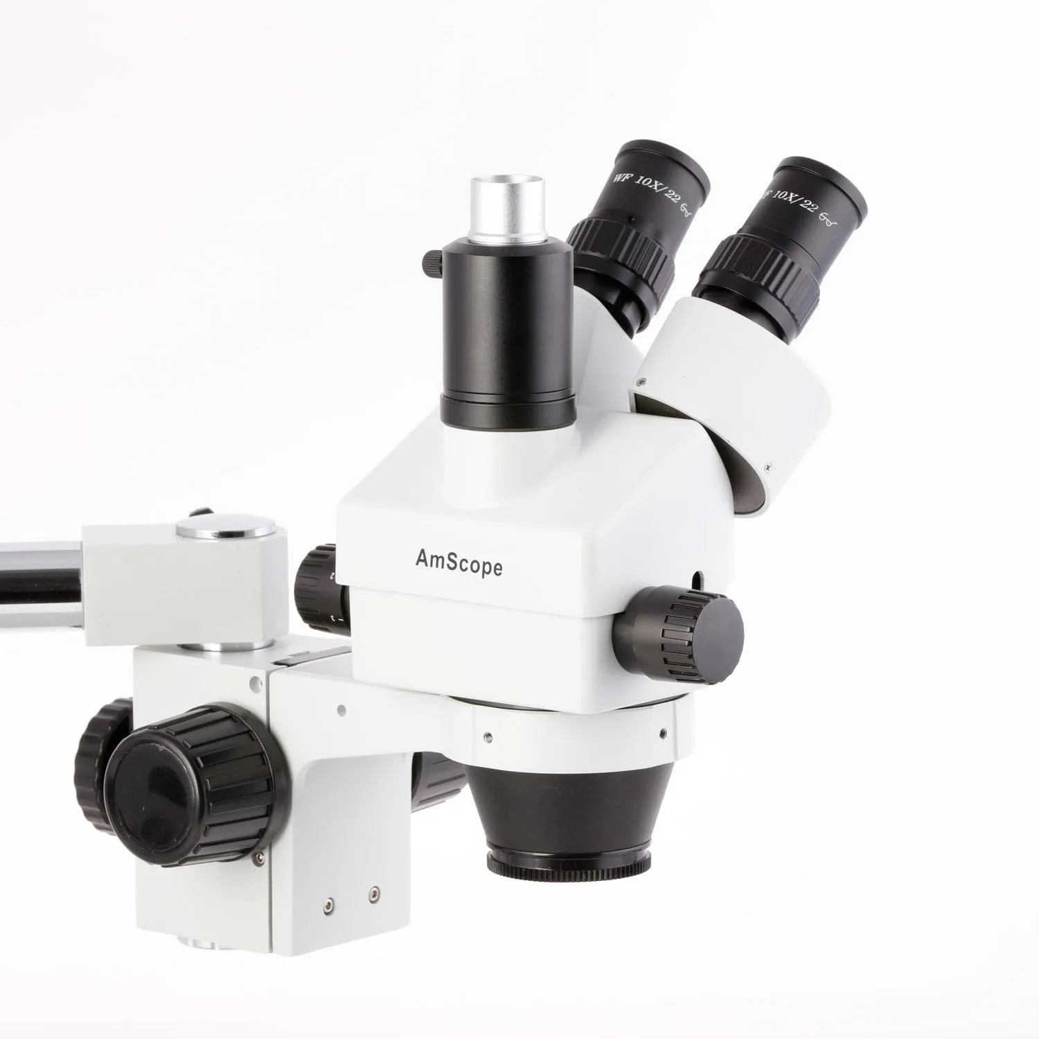 AmScope SM-3 Series Simul-Focal Zoom Trinocular Stereo Microscope with 150W Halogen Ring Light and Optional Digital Camera on Single Arm Boom Stand