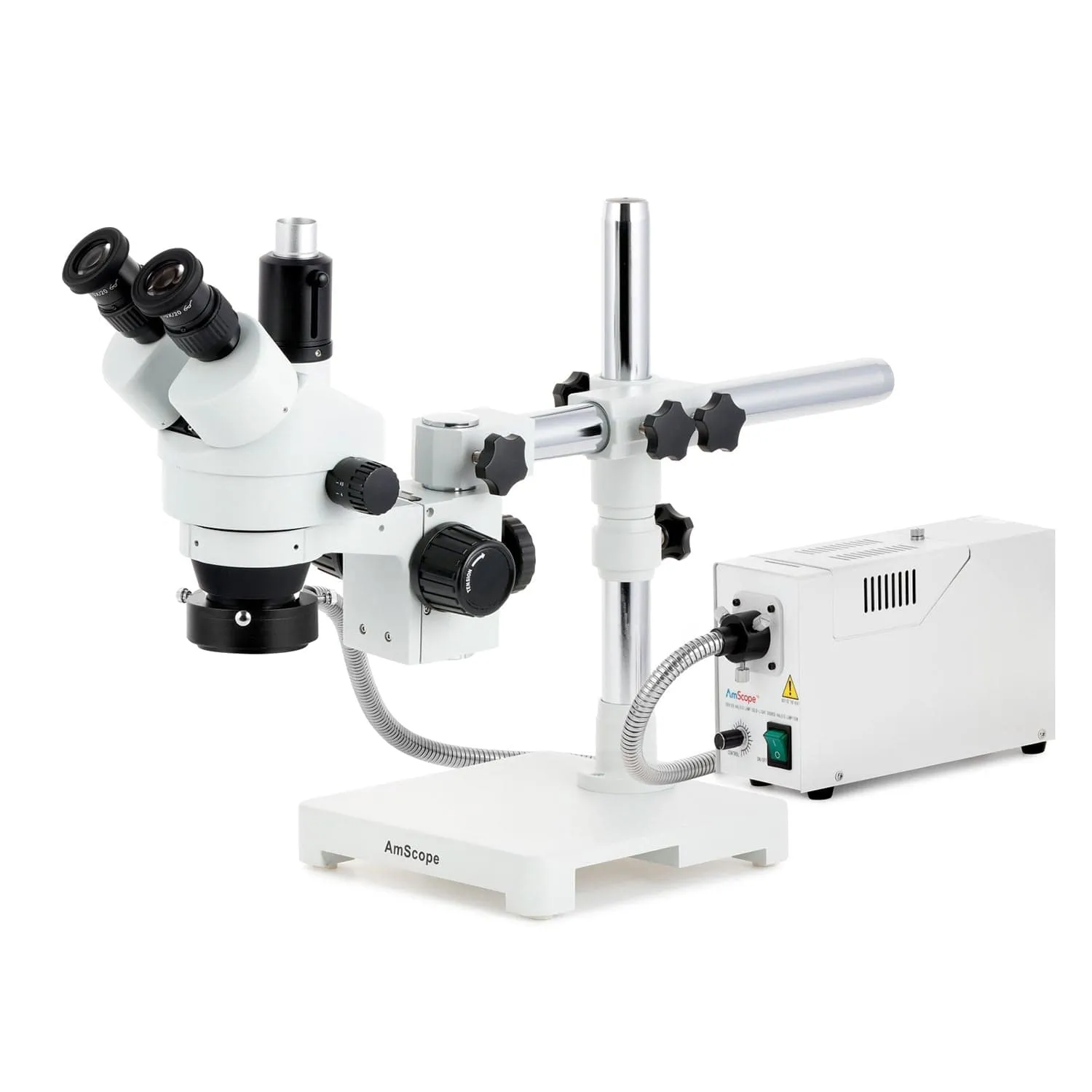 AmScope SM-3 Series Simul-Focal Zoom Trinocular Stereo Microscope with 150W Halogen Ring Light and Optional Digital Camera on Single Arm Boom Stand