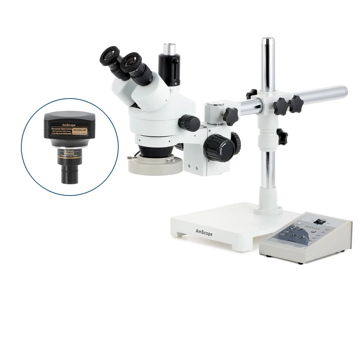 AmScope SM-3 Series Simul-Focal Zoom Trinocular Stereo Microscope with 80 LED Direction Variable Ring Light and Optional Digital Camera on Single Arm Boom Stand
