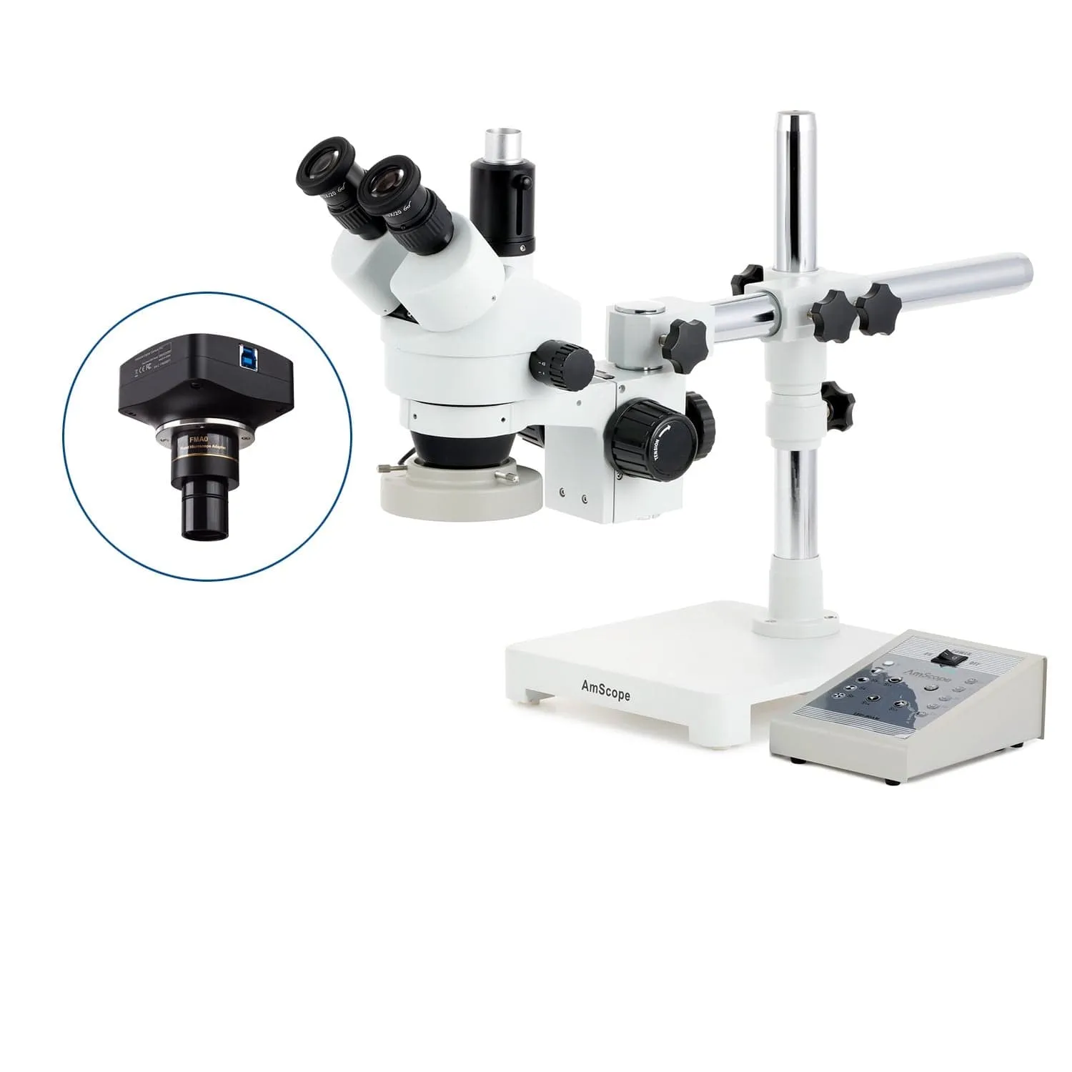 AmScope SM-3 Series Simul-Focal Zoom Trinocular Stereo Microscope with 80 LED Direction Variable Ring Light and Optional Digital Camera on Single Arm Boom Stand
