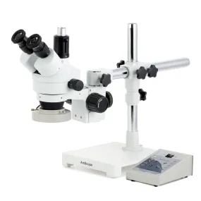 AmScope SM-3 Series Simul-Focal Zoom Trinocular Stereo Microscope with 80 LED Direction Variable Ring Light and Optional Digital Camera on Single Arm Boom Stand