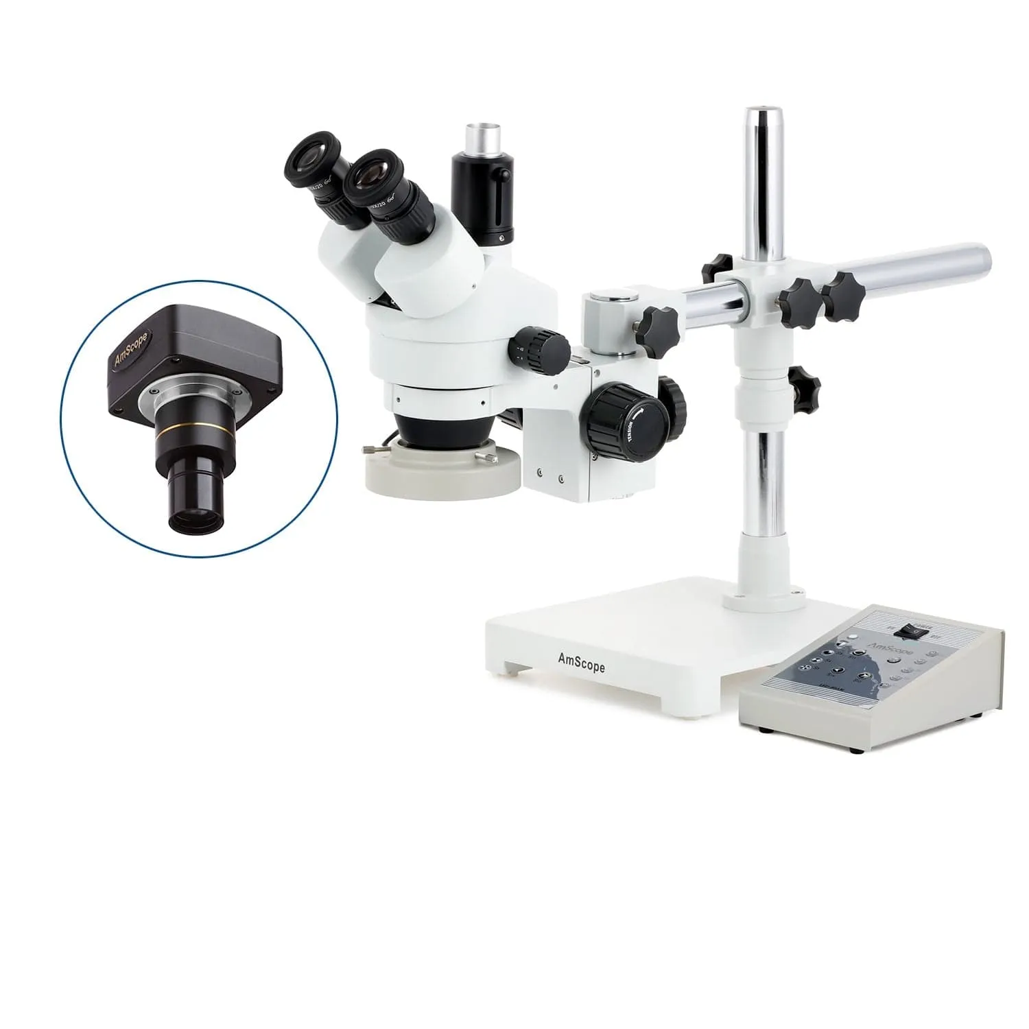 AmScope SM-3 Series Simul-Focal Zoom Trinocular Stereo Microscope with 80 LED Direction Variable Ring Light and Optional Digital Camera on Single Arm Boom Stand