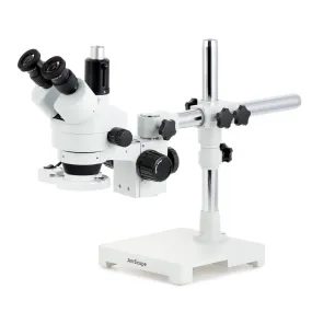 AmScope SM-3 Series Simul-Focal Zoom Trinocular Stereo Microscope with 8W Fluorescent Ring Light and Optional Digital Camera on Single Arm Boom Stand