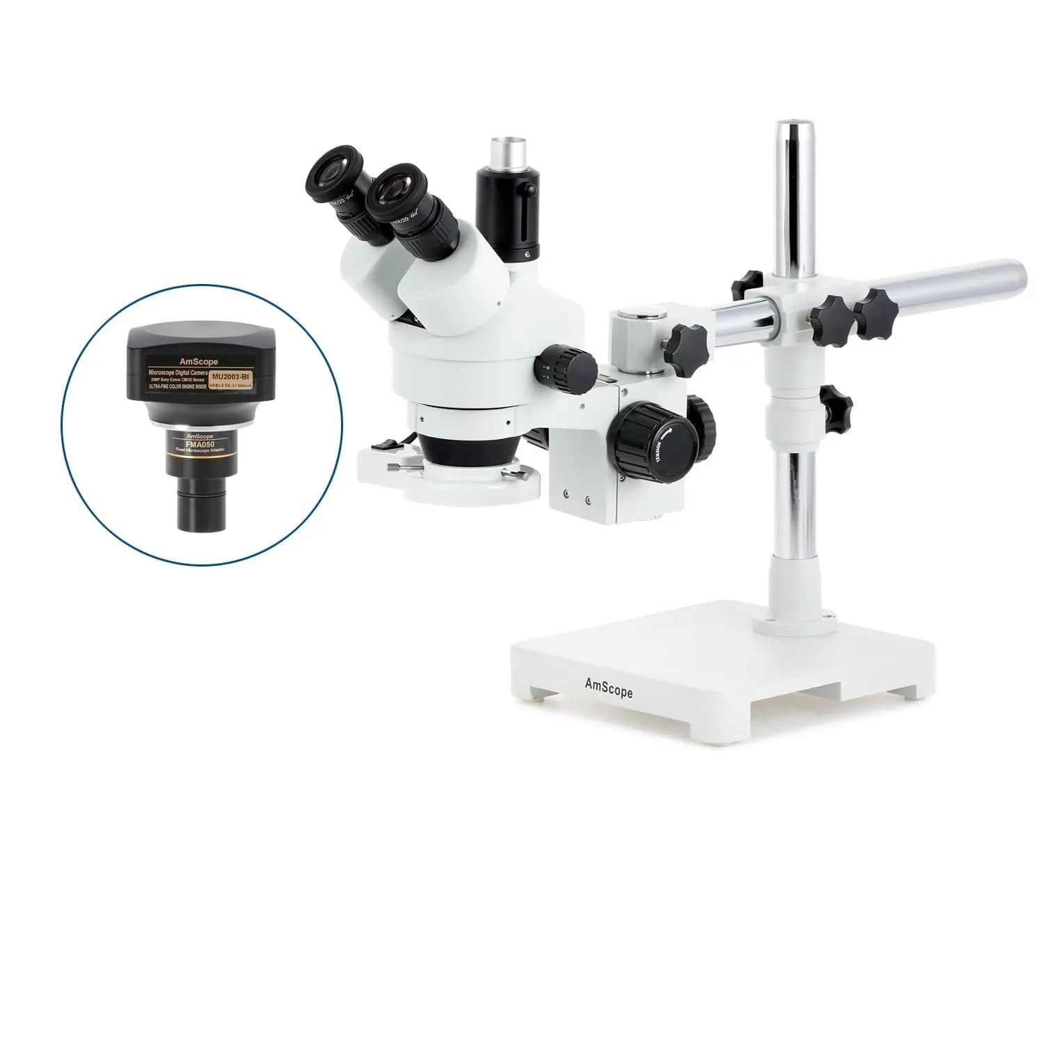 AmScope SM-3 Series Simul-Focal Zoom Trinocular Stereo Microscope with 8W Fluorescent Ring Light and Optional Digital Camera on Single Arm Boom Stand