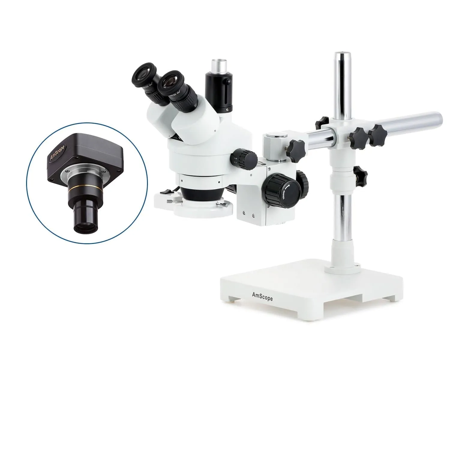 AmScope SM-3 Series Simul-Focal Zoom Trinocular Stereo Microscope with 8W Fluorescent Ring Light and Optional Digital Camera on Single Arm Boom Stand