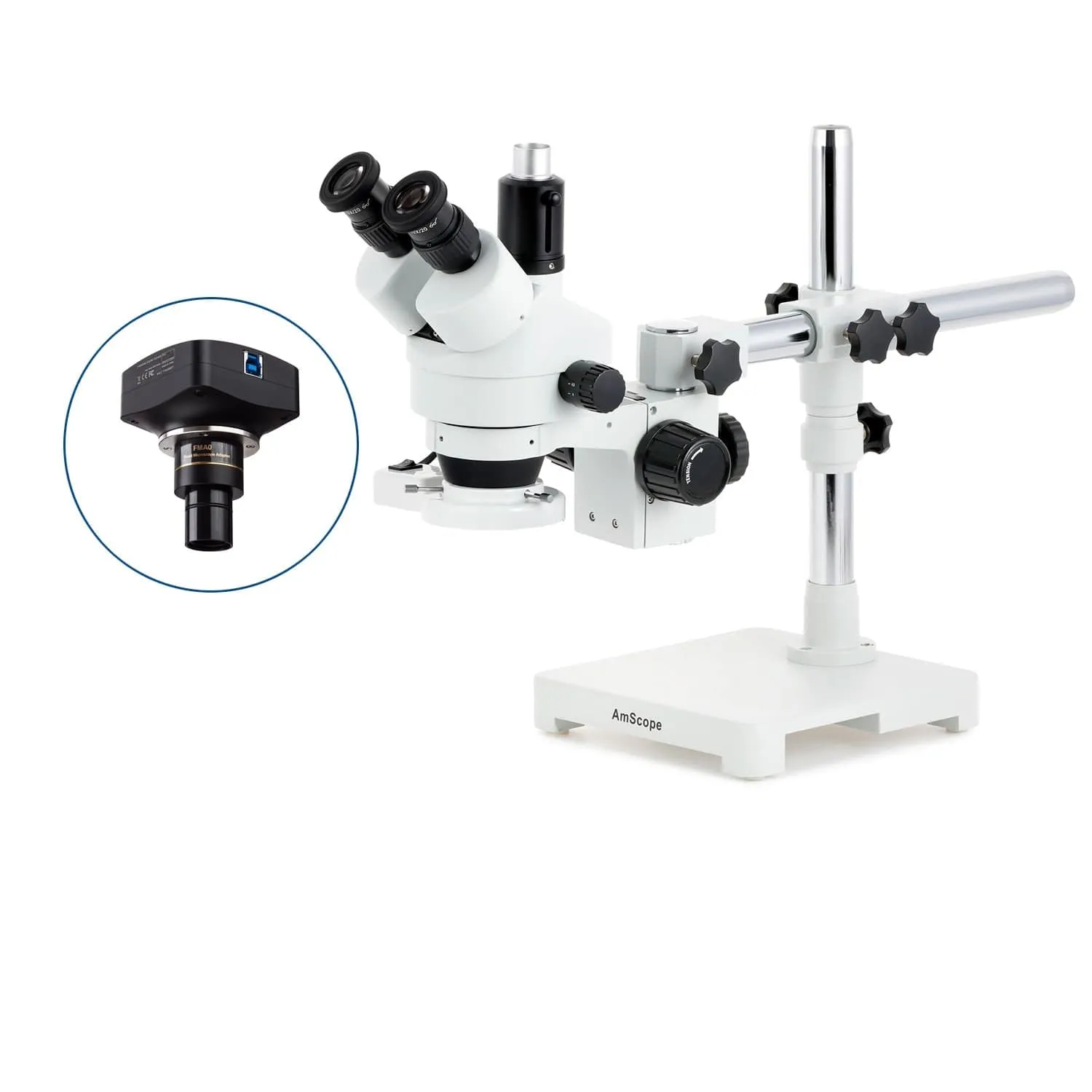 AmScope SM-3 Series Simul-Focal Zoom Trinocular Stereo Microscope with 8W Fluorescent Ring Light and Optional Digital Camera on Single Arm Boom Stand