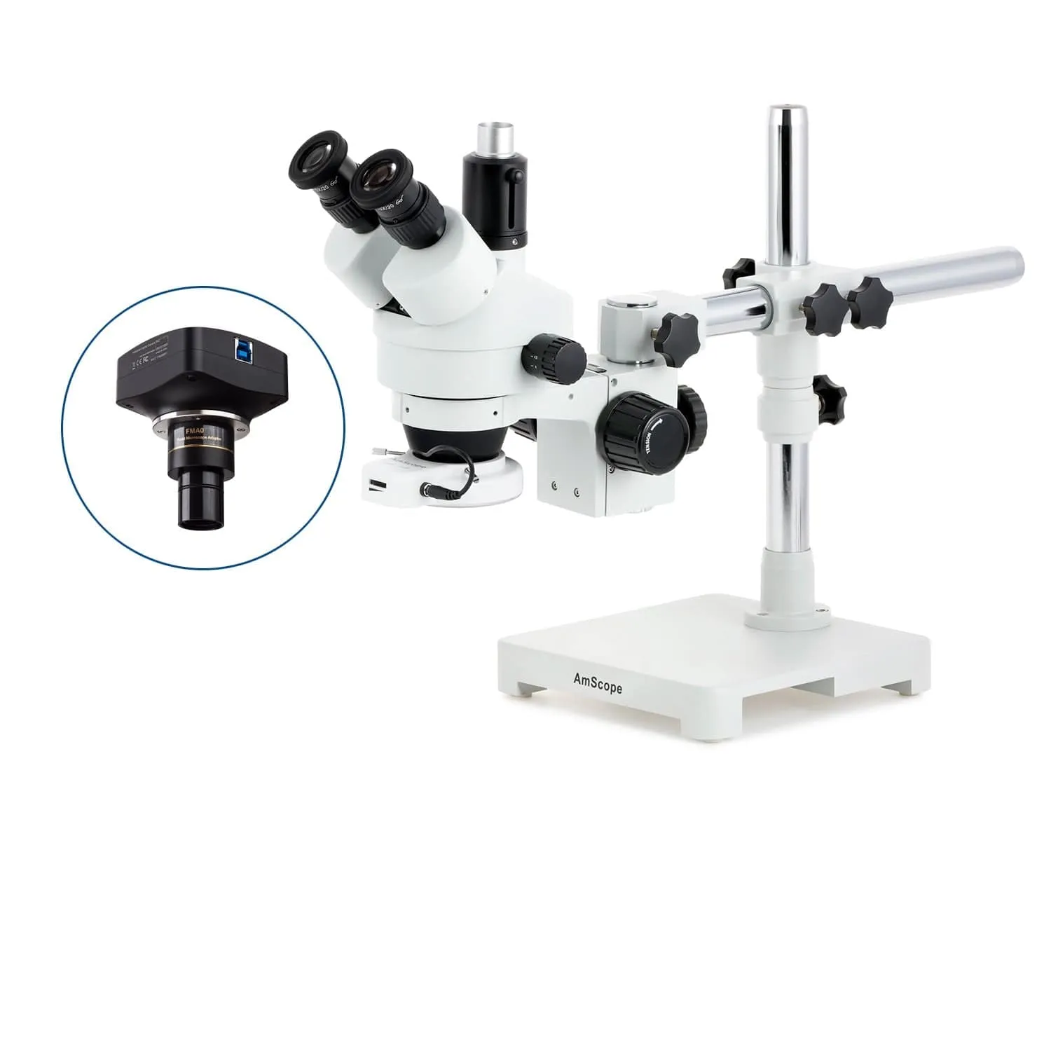 AmScope SM-3 Series Zoom Trinocular Stereo Microscope with 144 LED Compact Ring Light and Optional Digital Camera on Single Arm Boom Stand