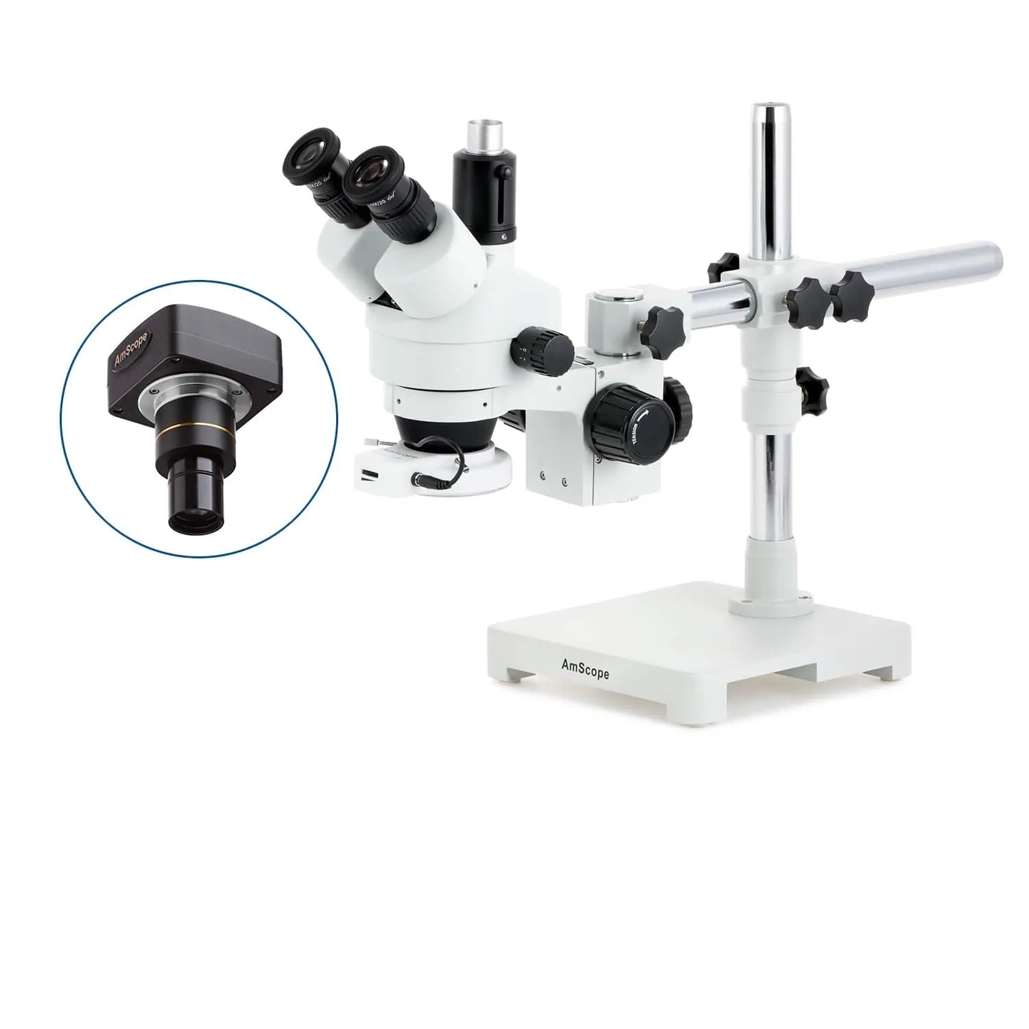 AmScope SM-3 Series Zoom Trinocular Stereo Microscope with 144 LED Compact Ring Light and Optional Digital Camera on Single Arm Boom Stand