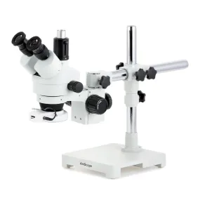 AmScope SM-3 Series Zoom Trinocular Stereo Microscope with 144 LED Compact Ring Light and Optional Digital Camera on Single Arm Boom Stand