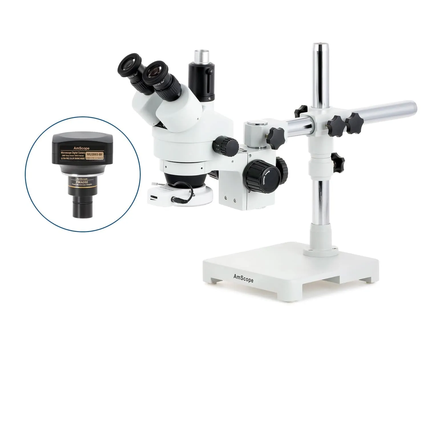 AmScope SM-3 Series Zoom Trinocular Stereo Microscope with 144 LED Compact Ring Light and Optional Digital Camera on Single Arm Boom Stand
