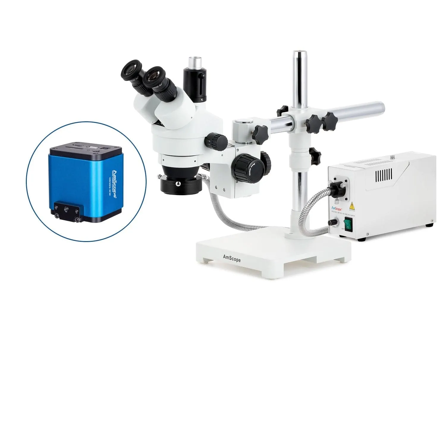 AmScope SM-3 Series Zoom Trinocular Stereo Microscope with 150W Halogen Ring Light and HDMI Camera on Single Arm Boom Stand