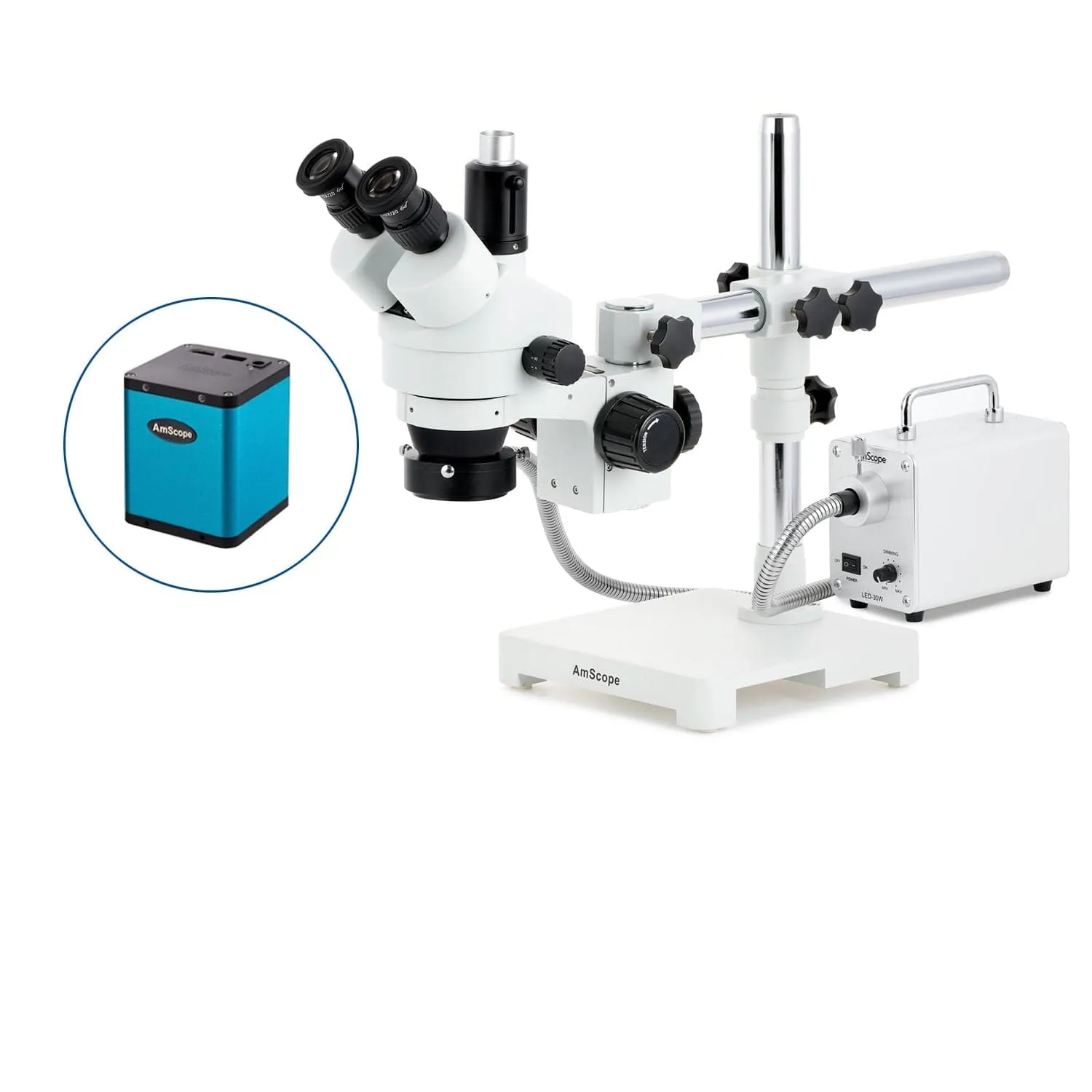 AmScope SM-3 Series Zoom Trinocular Stereo Microscope with 30W LED Fiber Optic Ring Light and Auto Focus Camera on Single Arm Boom Stand