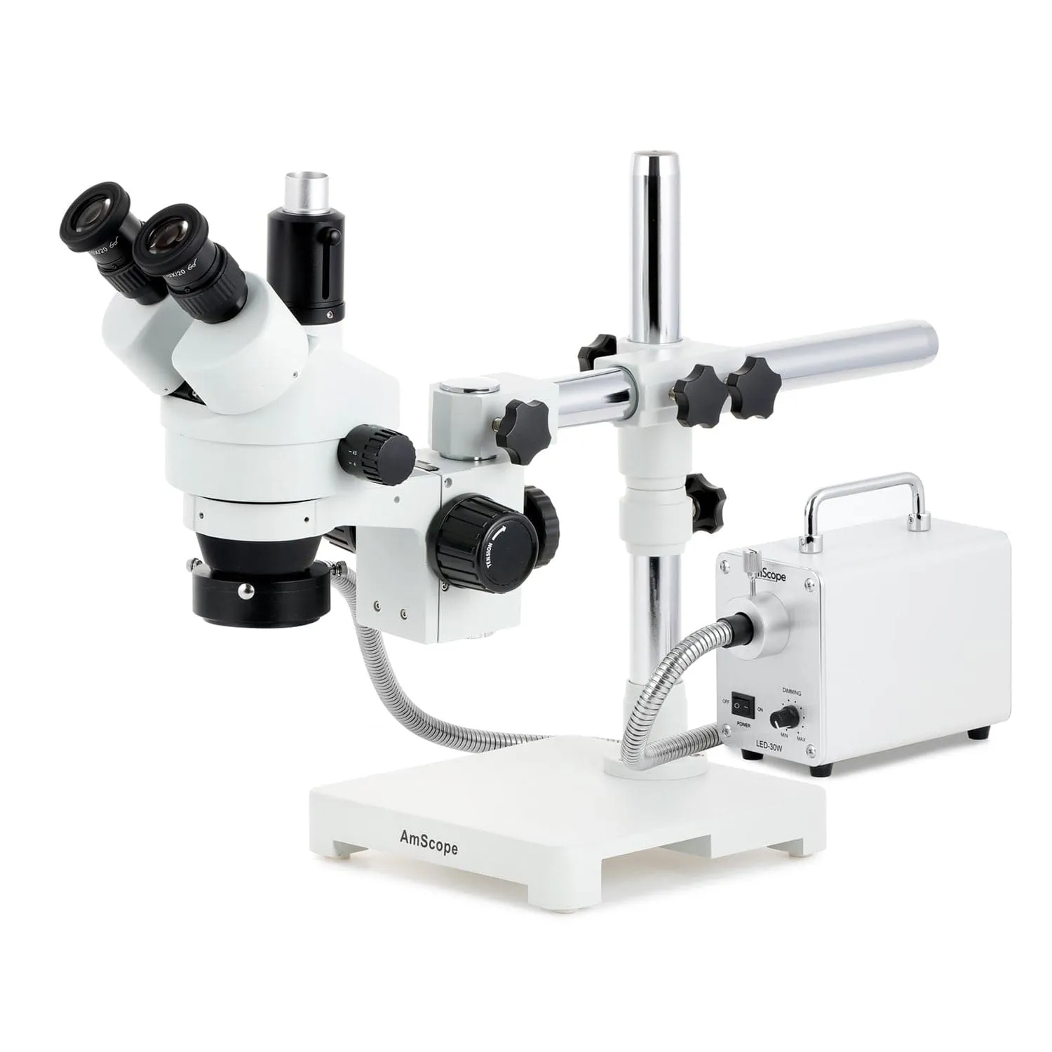 AmScope SM-3 Series Zoom Trinocular Stereo Microscope with 30W LED Fiber Optic Ring Light and Auto Focus Camera on Single Arm Boom Stand