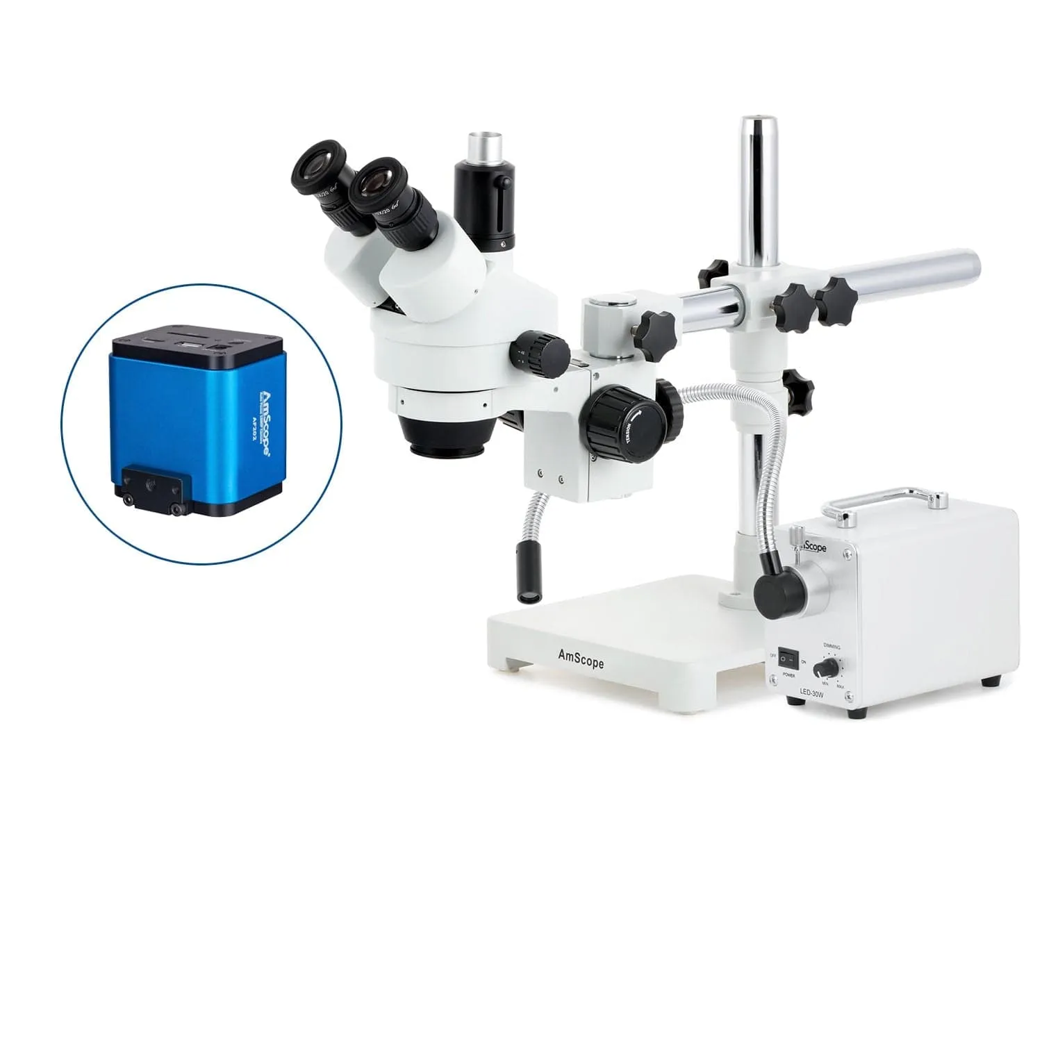 AmScope SM-3 Series Zoom Trinocular Stereo Microscope with 30W LED Single Fiber Optic Gooseneck Light and Auto Focus Camera on Single Arm Boom Stand