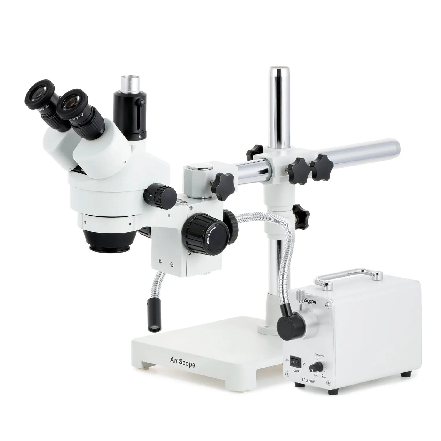 AmScope SM-3 Series Zoom Trinocular Stereo Microscope with 30W LED Single Fiber Optic Gooseneck Light and HDMI Camera on Single Arm Boom Stand