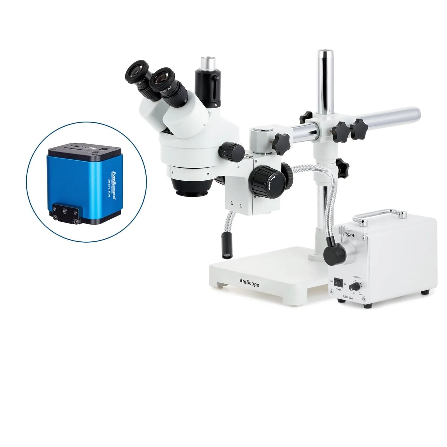 AmScope SM-3 Series Zoom Trinocular Stereo Microscope with 30W LED Single Fiber Optic Gooseneck Light and HDMI Camera on Single Arm Boom Stand