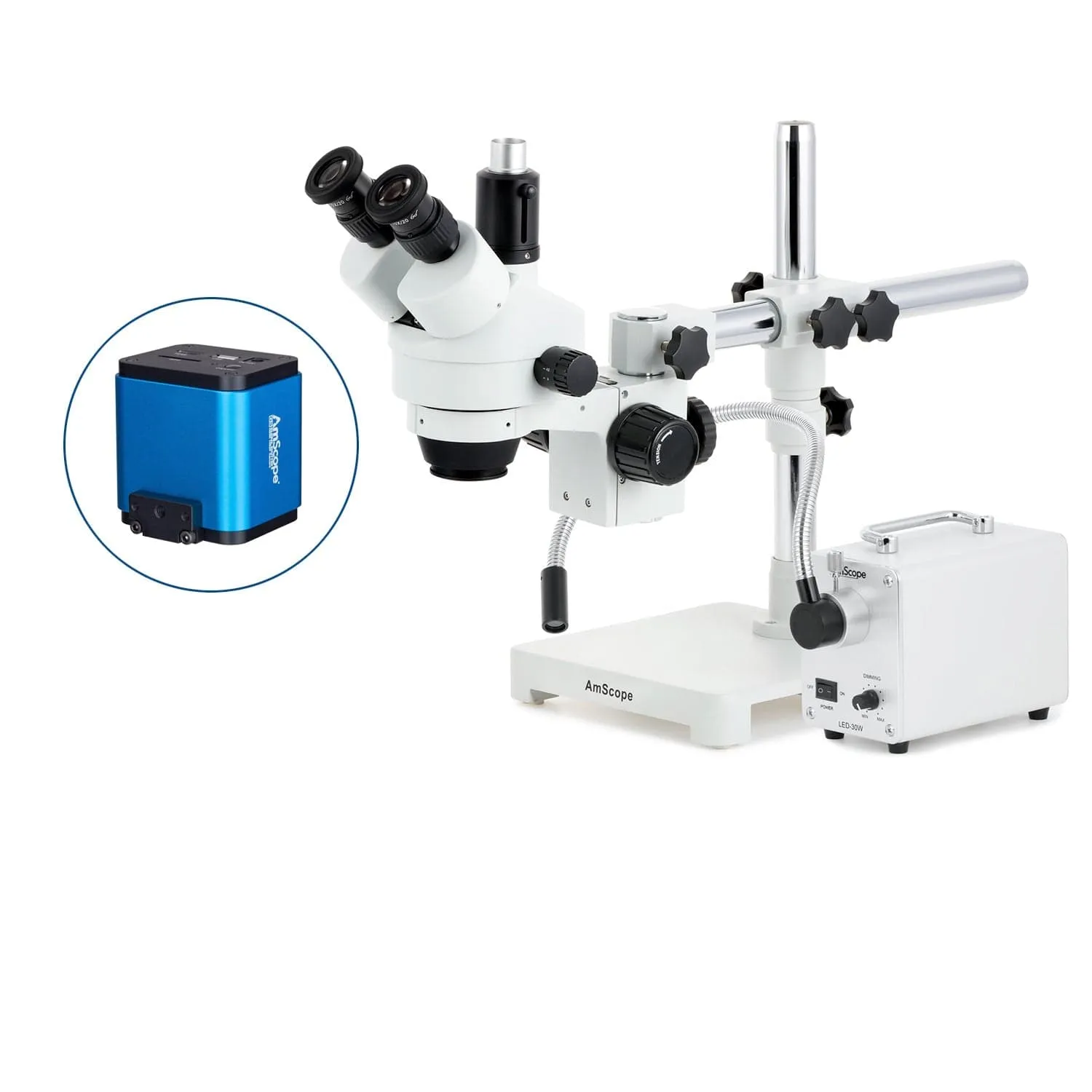 AmScope SM-3 Series Zoom Trinocular Stereo Microscope with 30W LED Single Fiber Optic Gooseneck Light and HDMI Camera on Single Arm Boom Stand