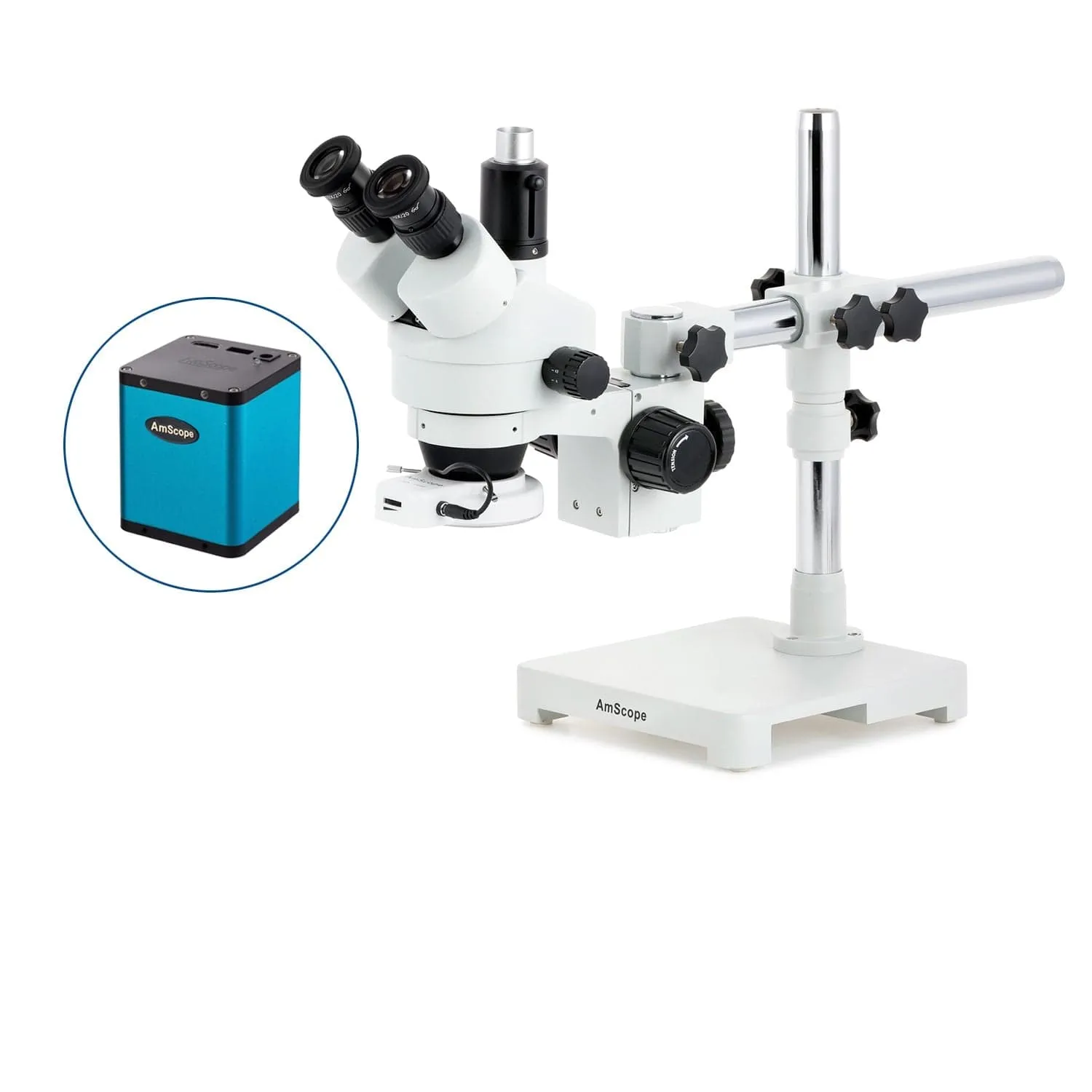 AmScope SM-3 Series Zoom Trinocular Stereo Microscope with 64 LED Compact Ring Light and Auto Focus Camera on Single Arm Boom Stand