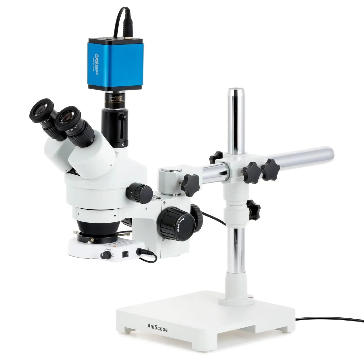 AmScope SM-3 Series Zoom Trinocular Stereo Microscope with 80 LED Compact Ring Light and HDMI Camera on Single Arm Boom Stand