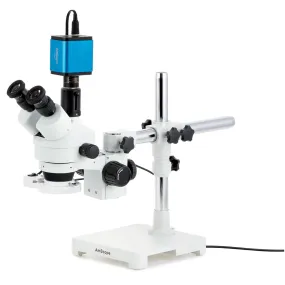 AmScope SM-3 Series Zoom Trinocular Stereo Microscope with 8W Fluorescent Ring Light and Auto Focus Camera on Single Arm Boom Stand