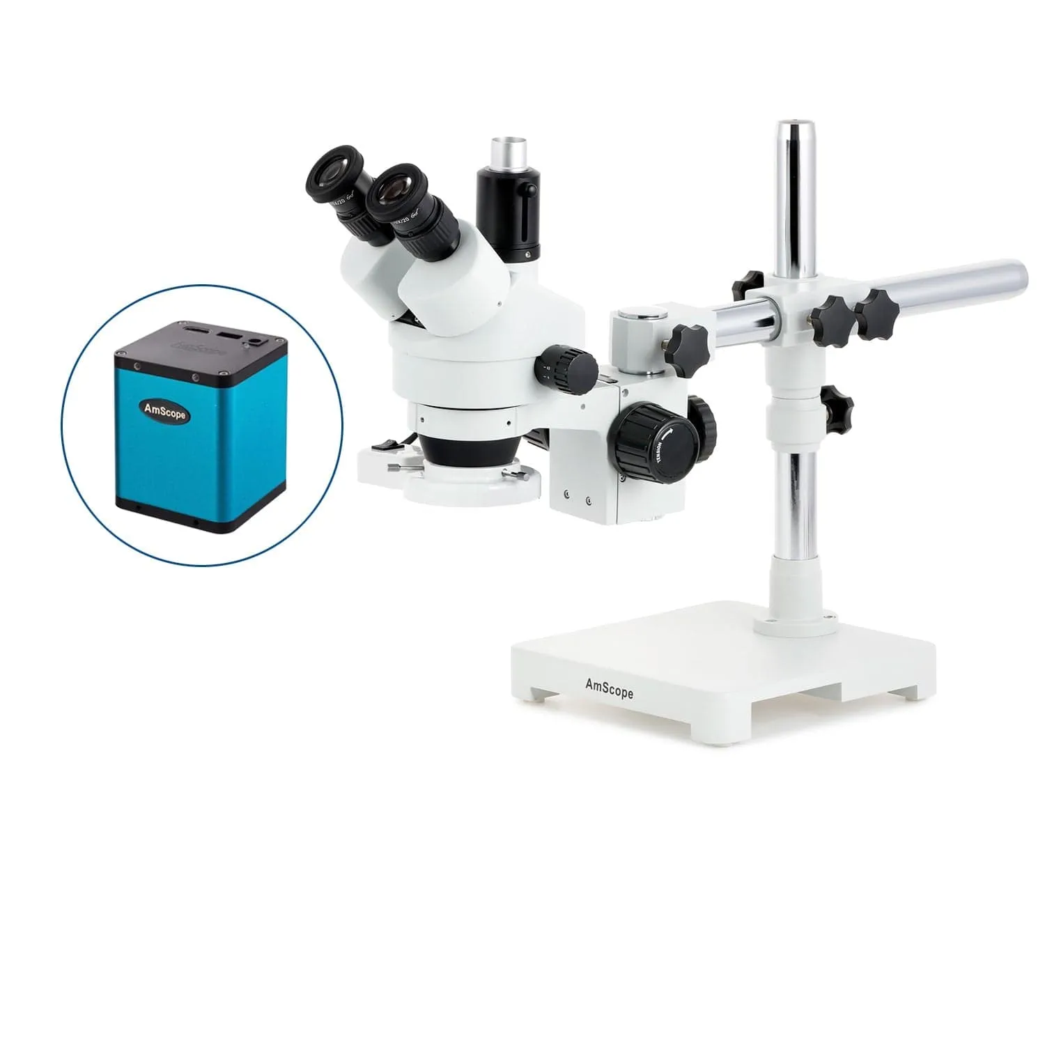 AmScope SM-3 Series Zoom Trinocular Stereo Microscope with 8W Fluorescent Ring Light and Auto Focus Camera on Single Arm Boom Stand