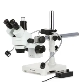 AmScope SM-3T Series Trinocular Simul-Focal Stereo Zoom Microscope 7X-45X with 8W LED Dual Gooseneck Illuminator   Optional Digital Camera on Single Arm Boom Stand