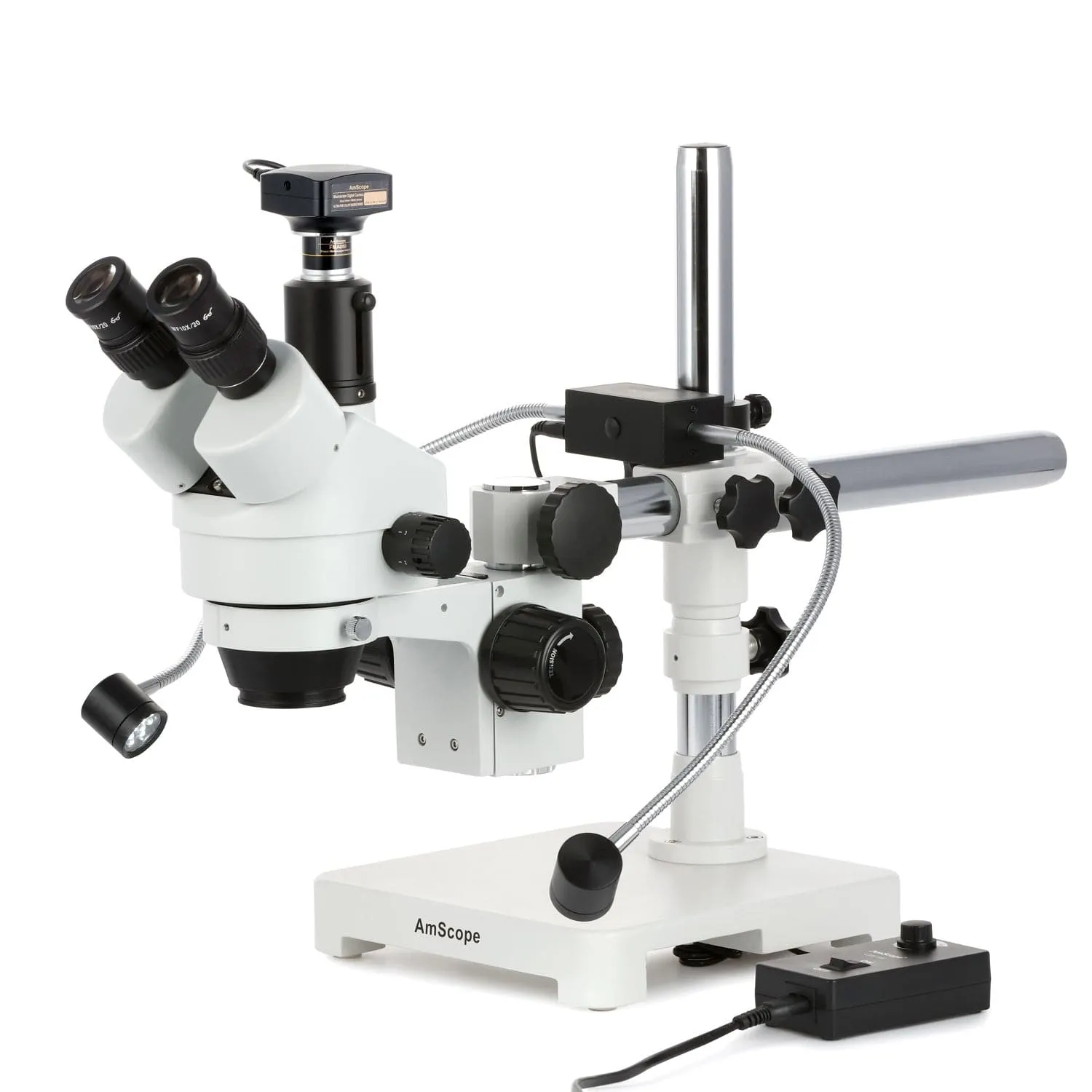 AmScope SM-3T Series Trinocular Simul-Focal Stereo Zoom Microscope 7X-45X with 8W LED Dual Gooseneck Illuminator   Optional Digital Camera on Single Arm Boom Stand