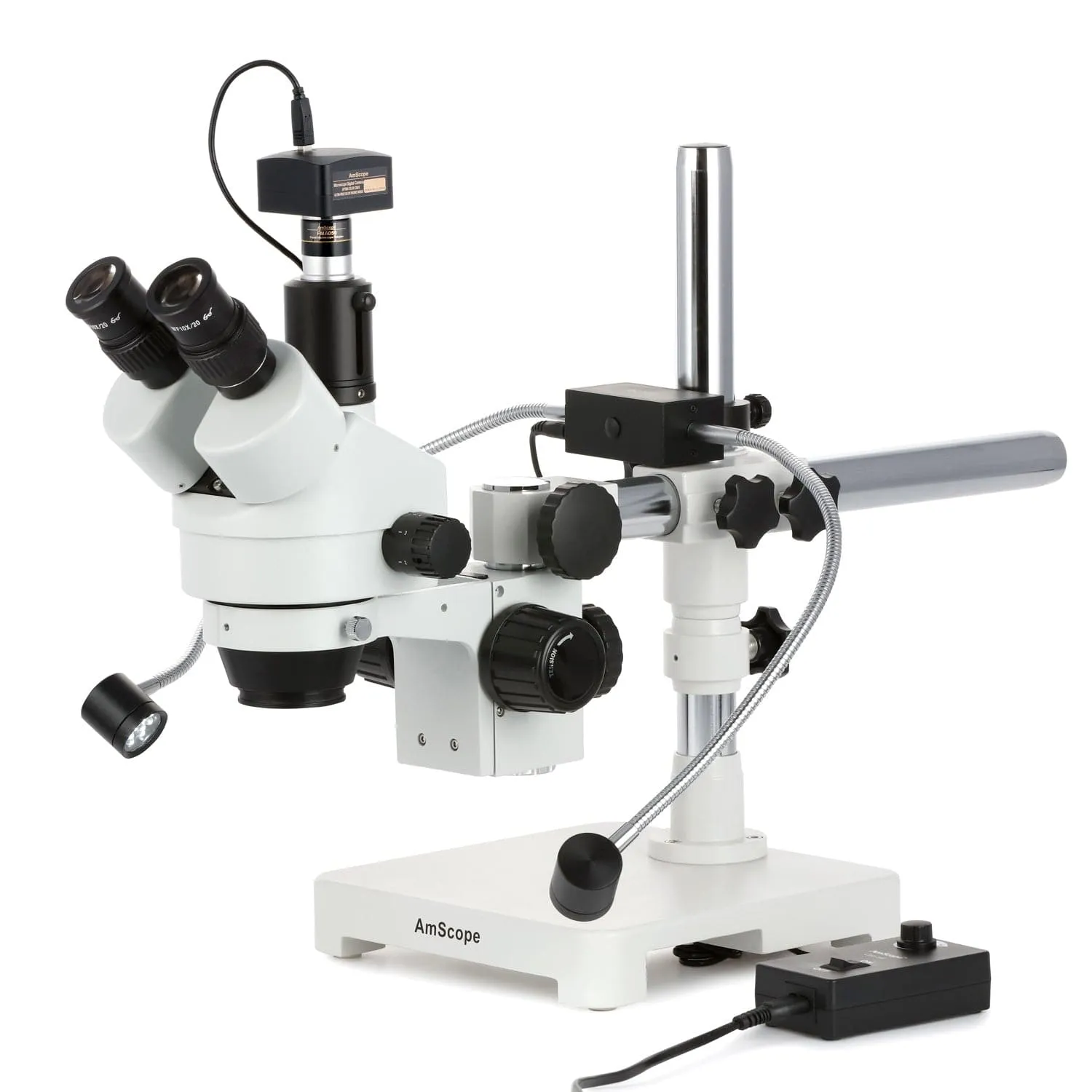 AmScope SM-3T Series Trinocular Simul-Focal Stereo Zoom Microscope 7X-45X with 8W LED Dual Gooseneck Illuminator   Optional Digital Camera on Single Arm Boom Stand