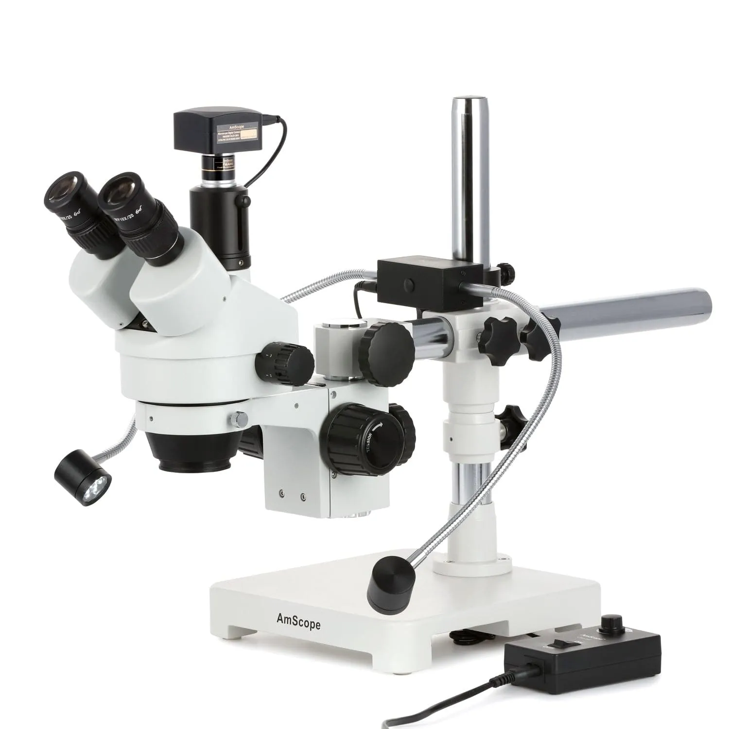 AmScope SM-3T Series Trinocular Simul-Focal Stereo Zoom Microscope 7X-45X with 8W LED Dual Gooseneck Illuminator   Optional Digital Camera on Single Arm Boom Stand