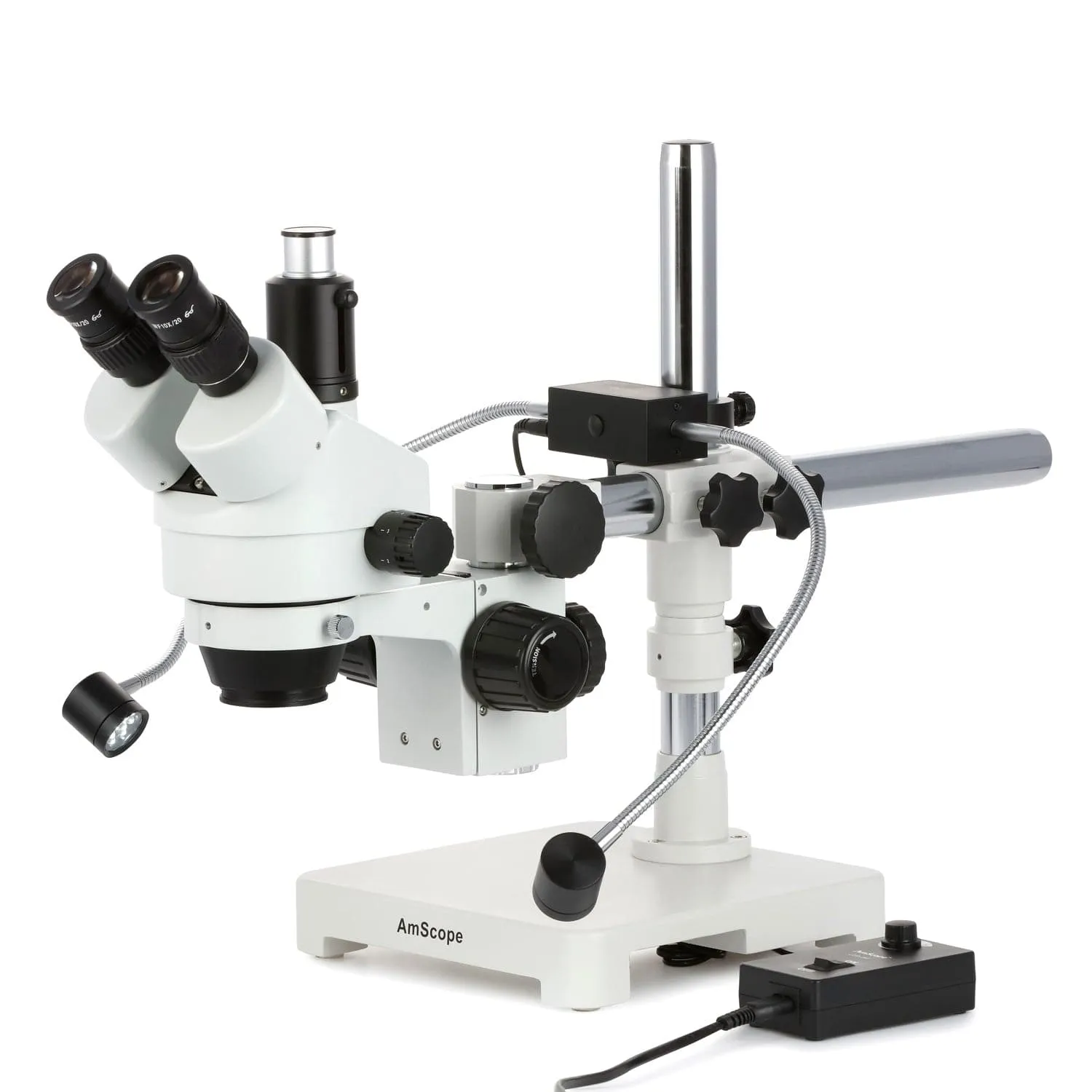 AmScope SM-3T Series Trinocular Simul-Focal Stereo Zoom Microscope 7X-45X with 8W LED Dual Gooseneck Illuminator   Optional Digital Camera on Single Arm Boom Stand