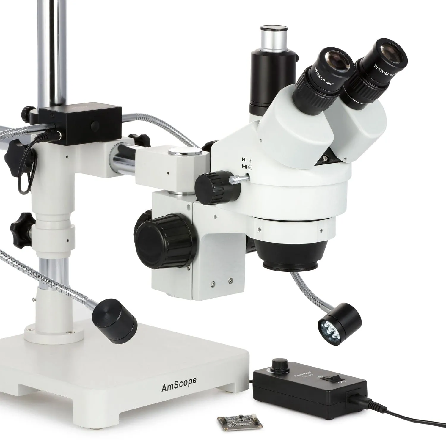 AmScope SM-3T Series Trinocular Zoom Stereo Microscope 7X-45X with 8W LED Dual Gooseneck Illuminator   Optional Digital Camera on Single Arm Boom Stand