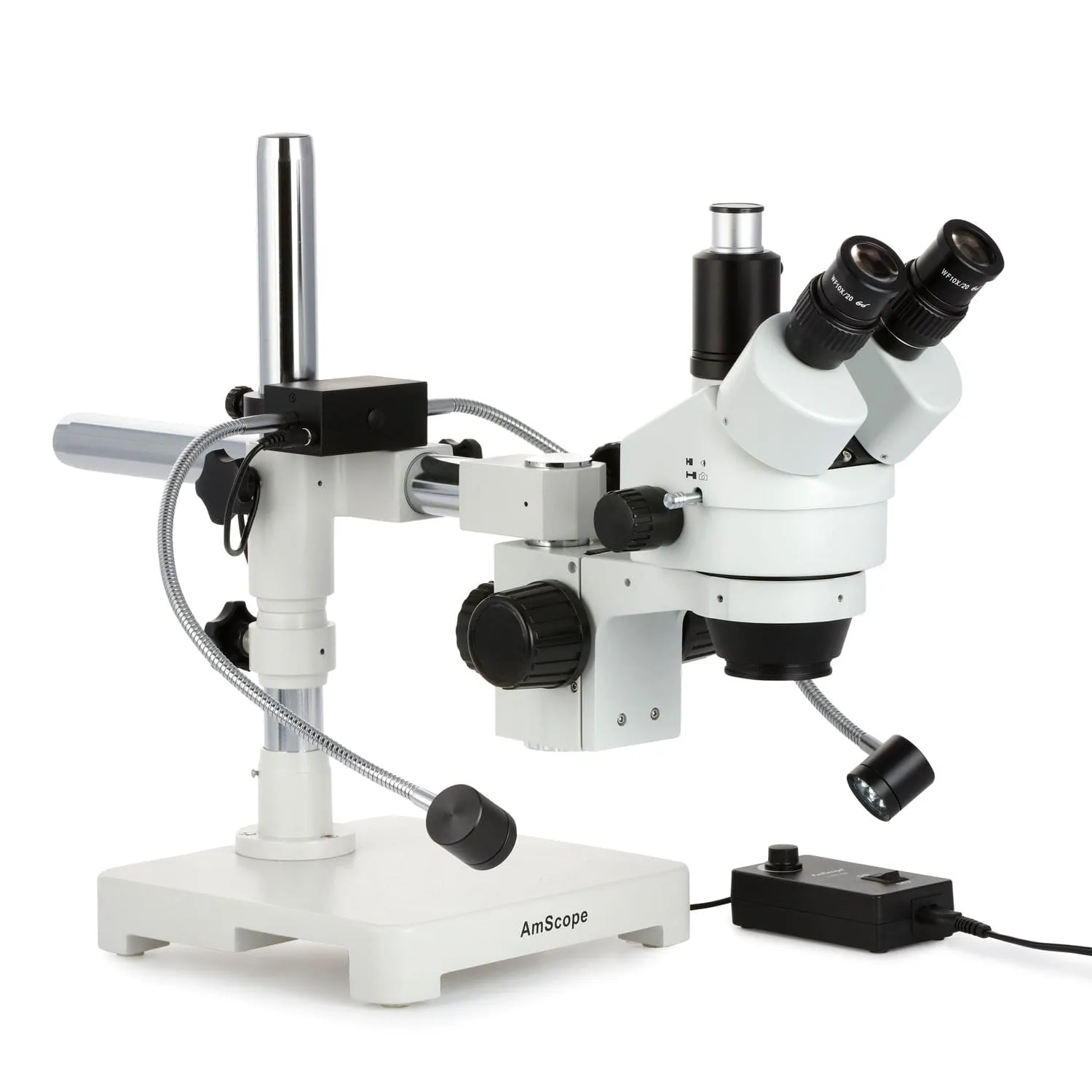 AmScope SM-3T Series Trinocular Zoom Stereo Microscope 7X-45X with 8W LED Dual Gooseneck Illuminator   Optional Digital Camera on Single Arm Boom Stand