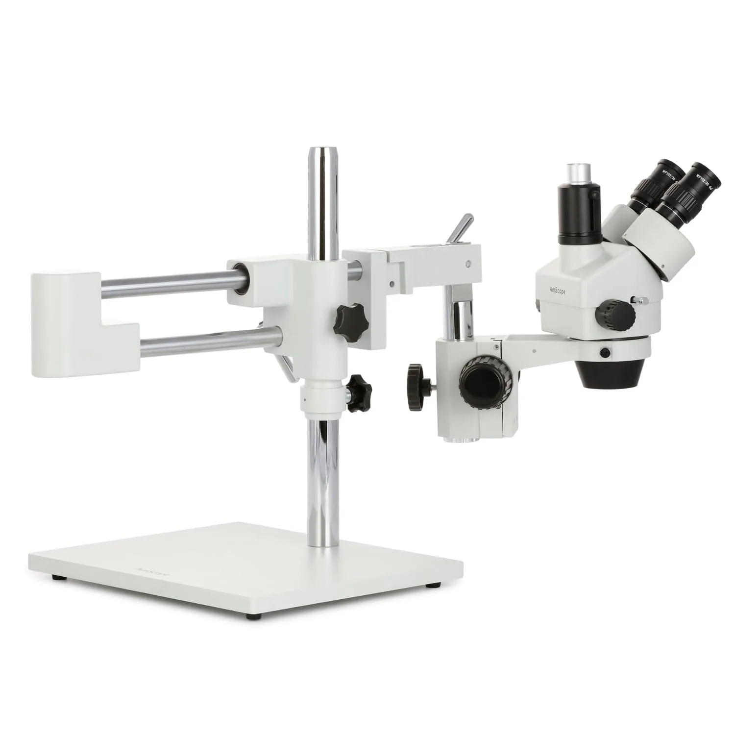 AmScope SM-4 Series Zoom Trinocular Stereo Microscope with 144 LED Compact Ring Light and HDMI Camera on Double Arm Boom Stand