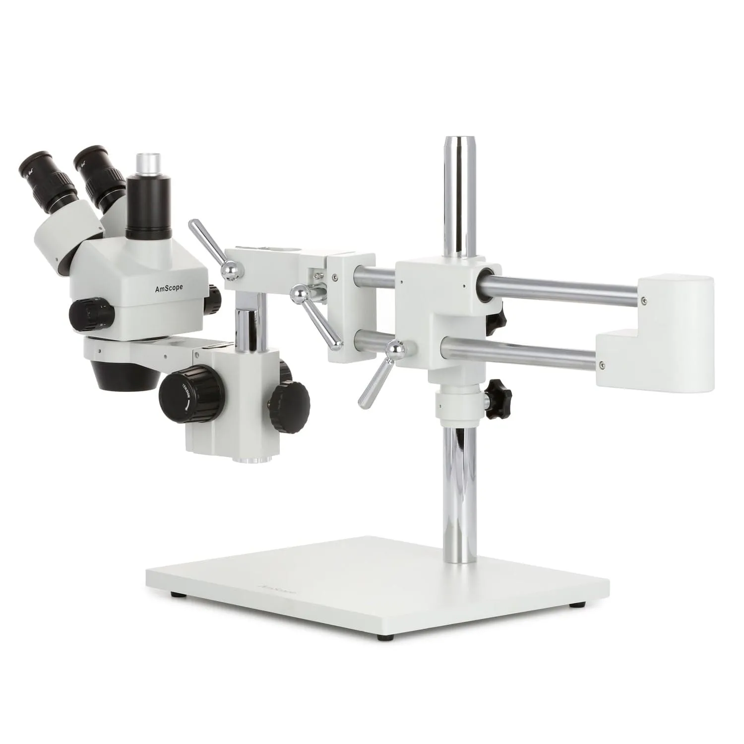 AmScope SM-4 Series Zoom Trinocular Stereo Microscope with 144 LED Compact Ring Light and HDMI Camera on Double Arm Boom Stand